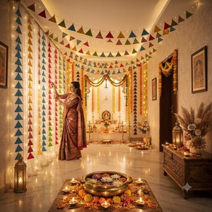 Wholesale <b>Artificial</b> Colorful Fabric Triangle Wall Decal Traditional Indian Festival Diwali Wedding Backdrop Decoration - Product Image 2