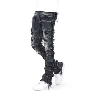 Pantalon évasé streetwear tendance, jean évasé déchiré et vieilli, jean skinny personnalisé pour homme, jean en denim patché, jean empilé pour homme - Product Image 1