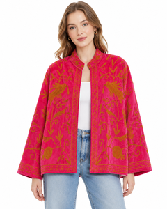 Pink Velvet Embroidered Blazer Mandarin Collar Lantern Sleeve Hand Embroidery Floral <b>Pattern</b> Women's <b>Jacket</b> Autumn Style - Product Image 1