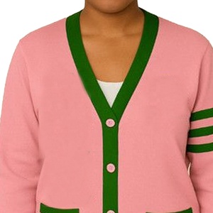 Cárdigan de punto rosa con cuello en V para mujer de la hermandad universitaria, con ribete en contraste verde, suéter cárdigan rosa y verde estilo universitario con cuello en V OEM - Product Image 2
