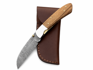 Cuchillo plegable con bloqueo Liner Lock de acero de Damasco, mango de madera y funda de cuero, hoja de punta caída, cuchillo de caza, calidad DIY - Product Image 1