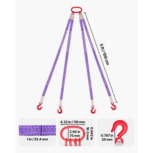 Correas de elevación de nailon de alta resistencia de 6600 lb con cuatro ganchos de enganche, capacidad de 1 tonelada, correa de aparejo de 5 pies engrosada - Product Image 2