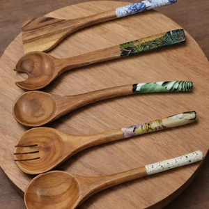 Nouvel ensemble de 5 cuillères en bois écologiques avec manche imprimé, taille 10 pouces, compatibles lave-vaisselle, ustensiles pour salade, cuisine et maison - Product Image 1