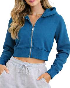 Sweat-shirt à capuche zippé court pour femme, bleu, à manches longues, style streetwear décontracté, veste de fitness, haut de mode hivernal, usage quotidien - Product Image 1