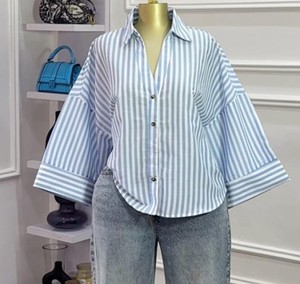 Camisa de Mujer, Azul Claro, Corte Holgado, con Botones, Manga Tres Cuartos, Estilo Casual, Color Sólido, Popelina, Cuello Camisero - Product Image 2