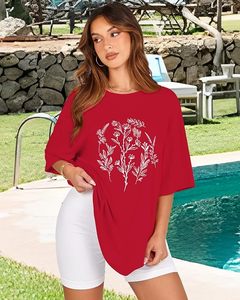 T-shirt en coton à manches courtes et col rond pour femme, imprimé floral rouge, coupe ample, décontracté, printemps-été - Product Image 5