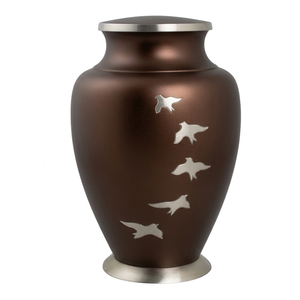 Urna Funeraria de Aluminio para Adultos con Grabado de Pájaros en Vuelo, Acabado en Plata y Marrón Turquesa, Urna Funeraria Metálica Resistente para Cenizas - Product Image 1