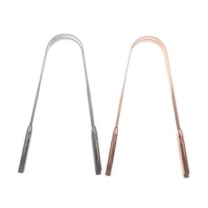 Juego de 2 raspadores de lengua con punta de cobre en oro rosa, forma de U, alambre de acero inoxidable, elimina bacterias bucales y el mal aliento, para adultos, uso diario. - Product Image 1