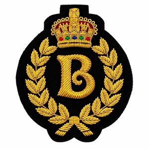 High End Custom Hand Embroidered Eco-Friendly Lace PU <b>Sew</b>-<b>On</b> Luxury Gold Bullion Wire Crown Initial <b>Badge</b> for Fashion Clothing - Product Image 1