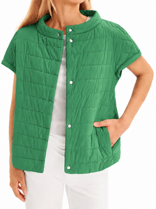 Chaqueta Acolchada Negra de Manga Corta para Mujer, Cuello Alto, Cierre de Botones, Ligera, para Primavera - Product Image 3