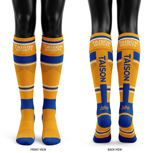 <b>Men</b> and women Gaelic Football <b>Socks</b> Premium Polyester Cotton Blend Breathable Jacquard Knit Custom Logo <b>Yellow</b> Blue Panel Design - Product Image 5