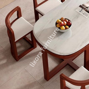 Modern Luxury 6 Seater <b>Dining</b> <b>Table</b> Set Oval White Marble <b>Top</b> with Solid Wood Space Saving Chairs - Product Image 4