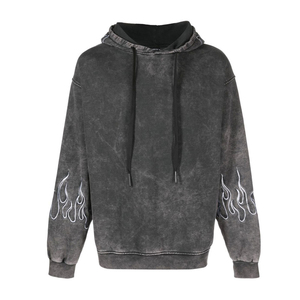 Sweat à capuche oversize en coton délavé pour homme avec imprimé flamme sur les manches, coupe classique, style décontracté, idéal pour l'automne - Product Image 5