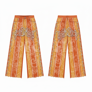 กางเกงขายาวทรงกระบอกพิมพ์ลายผ้าแคนวาสแบบกำหนดเอง ประดับด้วยคริสตัล สไตล์สตรีทแฟชั่นสุดเทรนดี้ ทันสมัย ผลิตจากผ้าฝ้าย 100% - Product Image 3