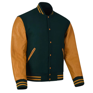 Veste universitaire pour femme à manches longues, col montant, en polyester, couleur vert foncé et beige contrastant, doublure en polyester, broderie - Product Image 1
