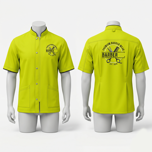 Mens Barber <b>Jacket</b> 220 GSM Poly Cotton <b>Lime</b> <b>Green</b> Contrast Trim Panel Design Screen Print Custom Logo Salon Uniform - Product Image 1