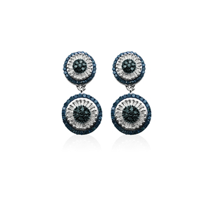 2.23 Cttw White Baguette & Blue Diamond Drop <b>Dangle</b> <b>Earrings</b> 925 Sterling <b>Silver</b>, Round & Baguette Natural Diamond <b>Earrings</b> - Product Image 2