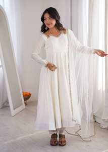 Salwar Tradicional Blanco Marfil para Mujer, con Dupatta de Tela, Diseño Otoñal, Minimalista, para Bodas, Fiestas Eid, Vestido Étnico de Seda Romana Pura - Product Image 2