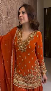 <b>Rust</b> Orange Sharara Suit Set With Gold Embroidery Women Fashion <b>Top</b> And Sharara Set New Designer Party Wear Sharara Set - Product Image 3