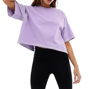 T-shirt court lavande pour femme, col rond, manches courtes, coupe ample, couleur unie, tricot jersey décontracté, idéal printemps-été - Product Image 2