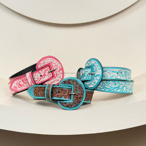 Cinturón con hebillas redondeadas anchas de cuero genuino con herramientas manuales clásicas personalizadas, cinturones vaqueros occidentales con relieve floral turquesa cómodos - Product Image 6