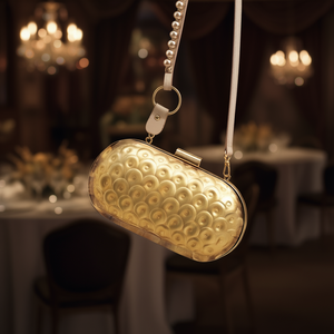 Metal Minaudiere <b>Clutch</b> Handmade Oval Gold Tone Coin Embossed Hard Case Evening <b>Bag</b> <b>with</b> Beaded Leather <b>Strap</b> - Product Image 3