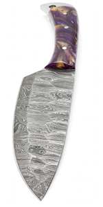 Cuchillo de acero de Damasco hecho a mano con hoja fija para camping al aire libre, mango de resina morada y orificio para cordón, para uso en campo y coleccionismo - Product Image 5