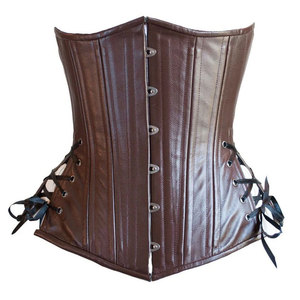 Women's Brown 100% <b>Leather</b> <b>Corset</b> Vintage Style Waterproof Zipper Closure V-neck Outerwear - Product Image 1