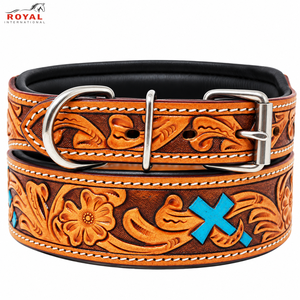 Collar de Perro de Cuero Repujado Estilo Western con Diseño Floral Cruzado y Forro Acolchado |   Collar Ajustable para Mascotas con Hebilla Metálica Hecha a Mano - Product Image 1