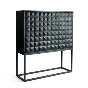 Dice Tall Black Modern Wooden Storage <b>Drawer</b> Cabinet Organizer Featuring Geometric Diamond Pattern Carved Facade Metal Base - Product Image 1