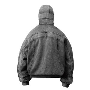 Low MOQ Winter Acid Wash Letter 100% Cotton Hoodie Wholesale Drop Shoulder Vintage Men Hooded Full <b>Face</b> Half Zip Retro Ninja - Product Image 4