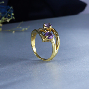 Rose <b>Gold</b> Plated Brass Amethyst <b>Cocktail</b> <b>Ring</b> with Single Natural Round Stone for Women - Product Image 3