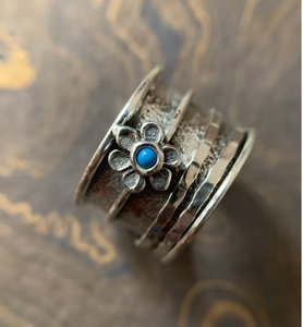 Dainty <b>Turquoise</b> Gemstone Floral Textured Wide Band <b>Ring</b> - Handmade Collection Fine Jewelry for Everyday Wear - Product Image 2
