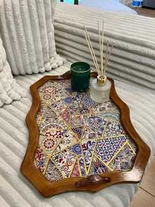 Contemporary Handmade <b>Wooden</b> <b>Serving</b> <b>Tray</b> With Hand painted Oriental Tile Pattern Bohemian Design Irregular Shape Decorative UO - Product Image 6