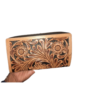 Cartera Bifold Bohemia Elegante para Mujer, Hecha a Mano, con Bloqueo RFID, Cuero Genuino, Patrón Geométrico, Cierre de Cremallera, para Uso Diario - Product Image 2