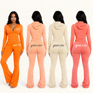 Ensemble de vêtements de sport tendance pour femmes, sweat à capuche zippé, pantalon évasé, leggings, ensemble deux pièces, streetwear, vêtements de sport - Product Image 1