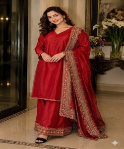 <b>Red</b> <b>Silk</b> Salwar Kameez With Embroidered Dupatta Women Wear Wedding Party Outfit India Pakistan Style MBL- DN-589 Hamia 85334 - Product Image 1