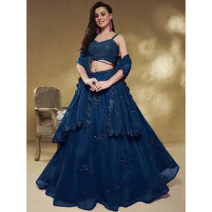 Navy Blue Sequins Georgette Ball Gown Reception Lehenga Choli with <b>Crystal</b> Beading - Product Image 1