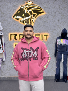 <b>Pink</b> <b>Men's</b> Zip-Up <b>Hoodie</b> With Bone Sleeve Design Streetwear Oversized Fit Cotton Fleece Autumn Style - Product Image 1