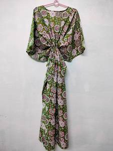 Vestido Kaftán Vintage de Algodón con Estampado Floral y Encaje, Largo hasta la Rodilla, Hecho a Mano, para Playa - Product Image 2