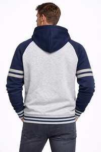 Sudadera con capucha en contraste gris y azul marino para hombre – Sudadera de mezcla de algodón premium con mangas raglán, bolsillo canguro y puños a rayas - Product Image 3