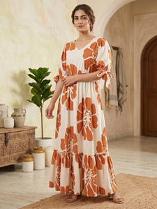 Robe longue bohème blanche à imprimé floral pour femme, col en V, manches bouffantes à nouer, taille élastique, ourlet à volants - Product Image 1