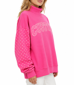 Rosa Rollkragen-Sweatshirt für Damen, Oversize mit Laternenärmeln, Gepunktet mit Individuellem Buchstabendruck, Gestrickt aus Baumwolle, Herbst-Freizeitkleidung - Product Image 2
