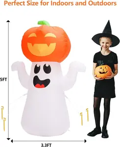 Decoração inflável para decoração ao ar livre Halloween, abóbora fantasma inflável de 1,5 m com luz embutida, decoração inflável para quintal de Halloween