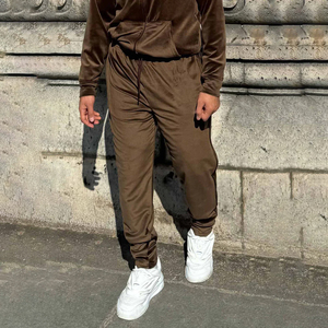 Ensemble de survêtement en velours marron pour homme, veste à col montant et pantalon de survêtement, tenue décontractée en deux pièces - Product Image 3