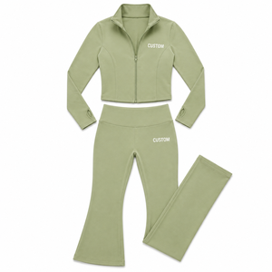 Custom Women Olive <b>Green</b> Yoga <b>Set</b> Fitted Long Sleeve Crop Top High Waist Bell Bottom Leggings Activewear Studio <b>Gym</b> Workout <b>Set</b> - Product Image 3