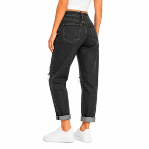 Jeans de Mujer de Cintura Alta, Estilo Boyfriend, Rectos, Desgastados, de Mezclilla, Corte Holgado, Largura al Tobillo, Color Sólido, Estilo Casual Urbano - Product Image 6