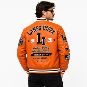 Custom Orange Varsity Letterman Jacket Men PU Leather Baseball College Jacket Embroidered Chenille Patch Bomber Jacket OEM Bulk - Product Image 4