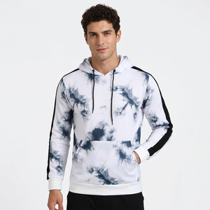 Sweat-shirt à capuche pour homme avec logo personnalisé, tie-dye blanc et bleu, rayures latérales sur les manches, pull-over imprimé par sublimation personnalisé, tie-dye pour homme - Product Image 1