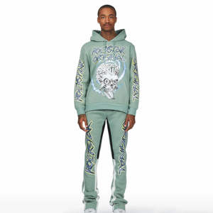 Conjunto de Chándal OEM Personalizado de Verano con Lavado Ácido Vintage, Sudadera con Capucha y Pantalones Acampanados Desgastados, Estilo Urbano para Hombre, 100% Algodón - Product Image 1